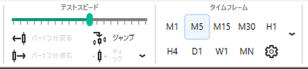 Forex Tester 5のテスト操作部。テストスピードのスライダーと、バーを1つ戻す・1つ進む・ジャンプ・ティックのボタンが並んでいる