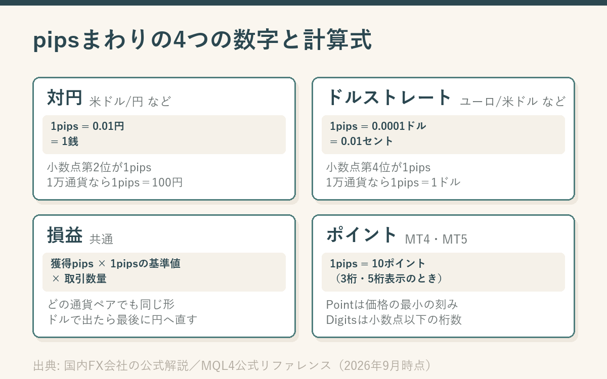 pipsに関する4つの単位を計算式つきのカードで並べた図。対円は1pipsが0.01円、ドルストレートは1pipsが0.0001ドル、損益は獲得pips×基準値×取引数量、MetaTraderのポイントは1pipsが10ポイントにあたることを示している